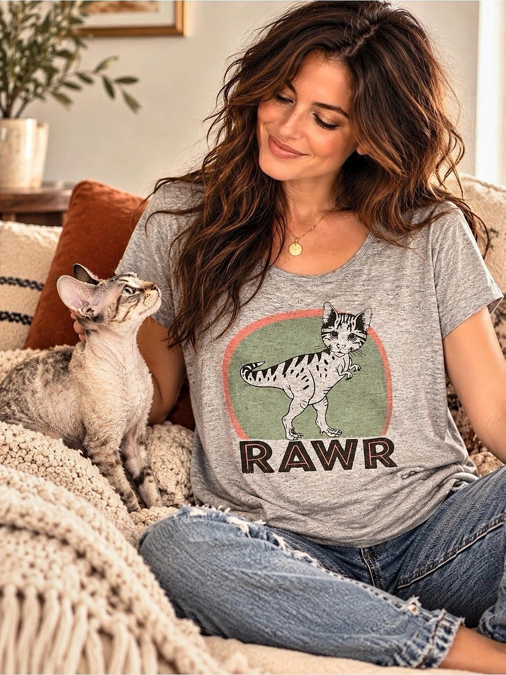 Fervour RAWR Dinosaur Cat Print Graphic Tee Gray Short Sleeves M